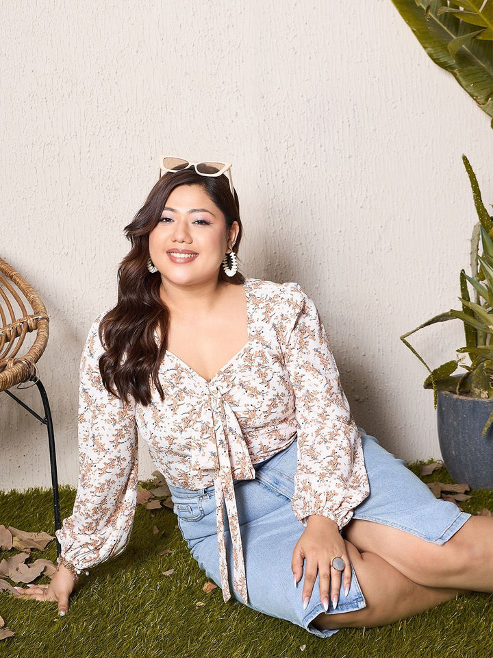 Berrylush Curve Floral Print Puff Sleeve Crop Top