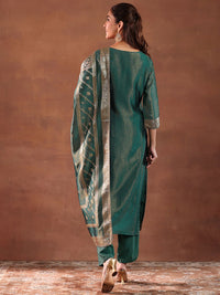 Libas Green and Gold Ethnic Motifs Woven Design Straight Kurta with Trouser & Dupatta