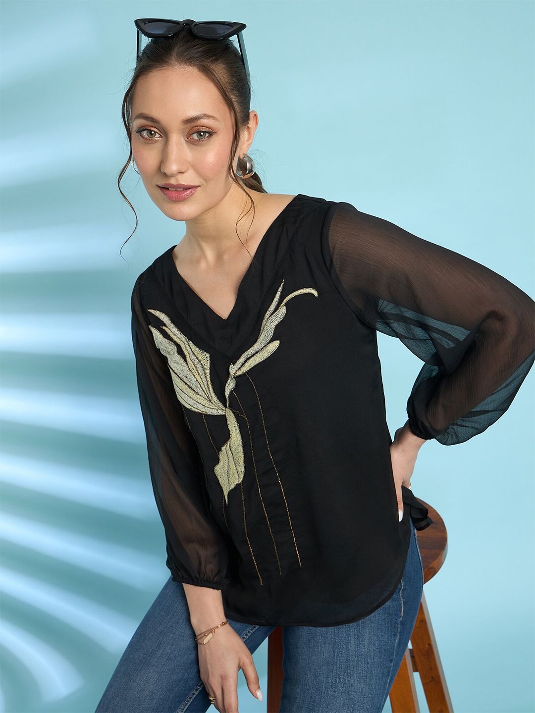 Antheaa Floral Embroidered V-Neck Regular Top