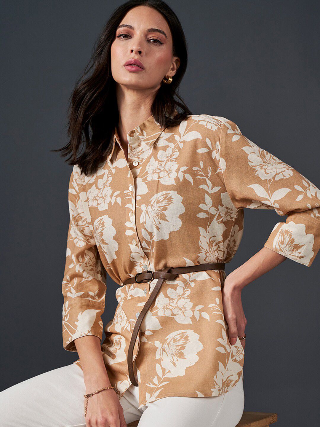 AND Floral Printed Shirt Collar Style Top