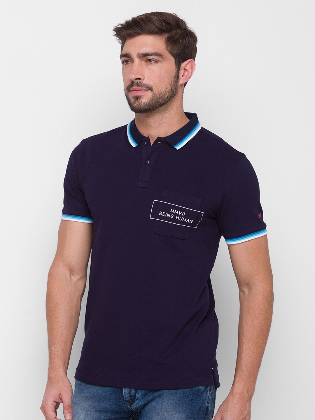 Being Human Men Navy Blue Solid Polo Collar T-shirt