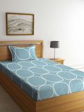 KLOTTHE Blue & White Geometric Printed 300TC Fitted Single Bedsheet With Pillow Cover