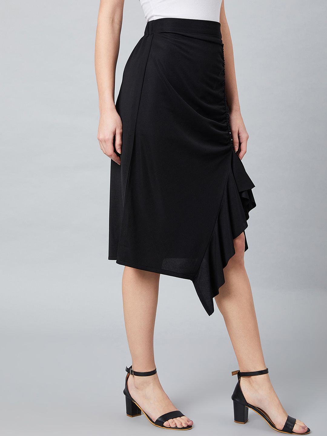 Athena Black A-Line Midi Skirt With Front Frill Detail