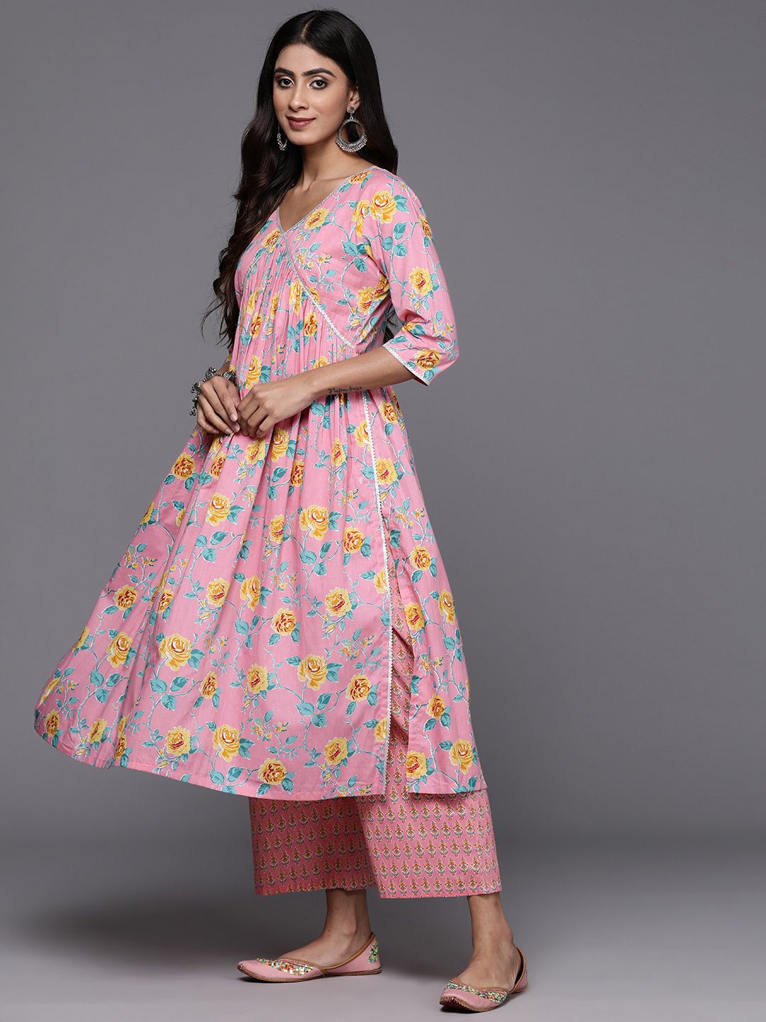 Libas Women Floral Printed Gotta Patti Pure Cotton Kurta with Palazzos & With Dupatta
