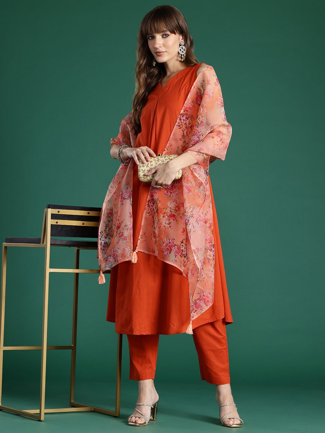Indo Era Women Floral Pleated Pure Cotton Kurta with Trousers & With Dupatta