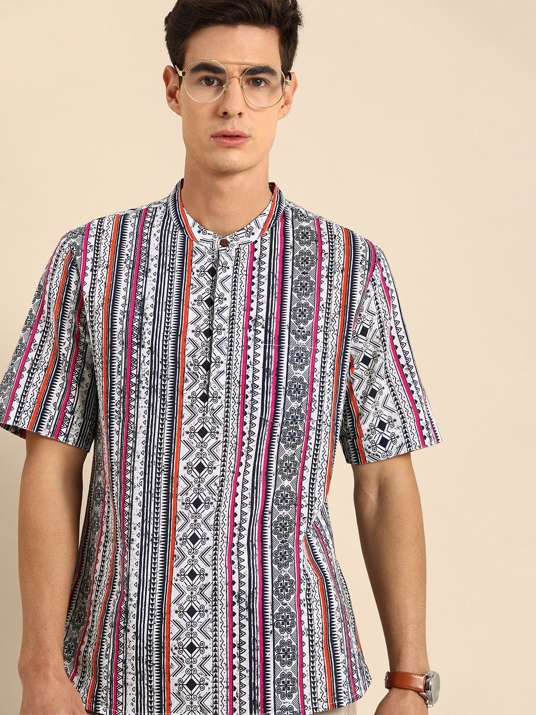 Anouk men white & navy blue kurta