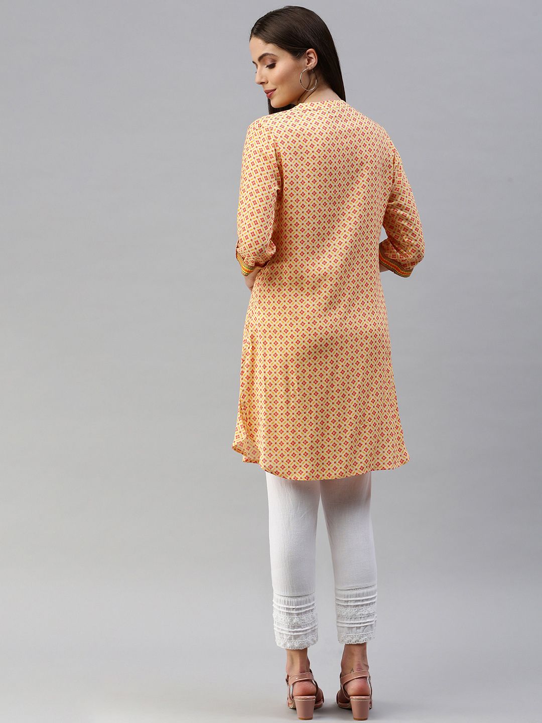 Global Desi Off White & Orange Viscose Printed Pleated Tunic