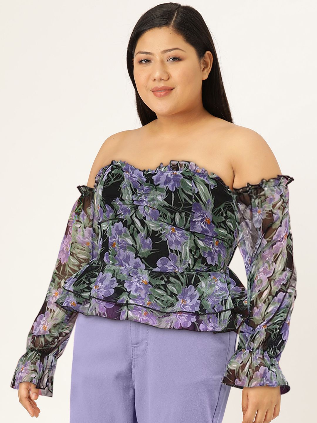 Berrylush Floral Print Off-Shoulder Georgette Peplum Top