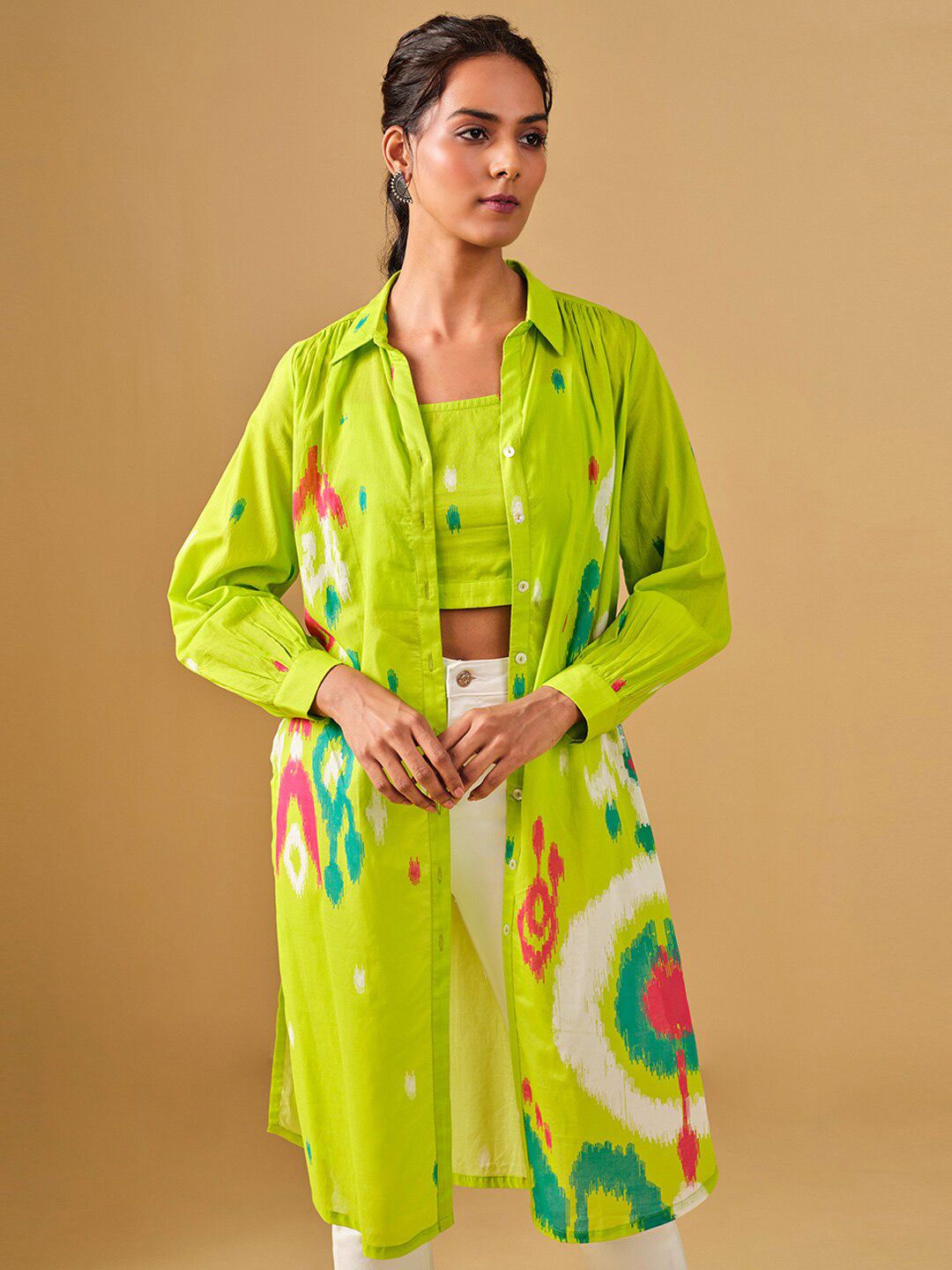 Global Desi Abstract Printed Pure Cotton Crop Top With Jacket