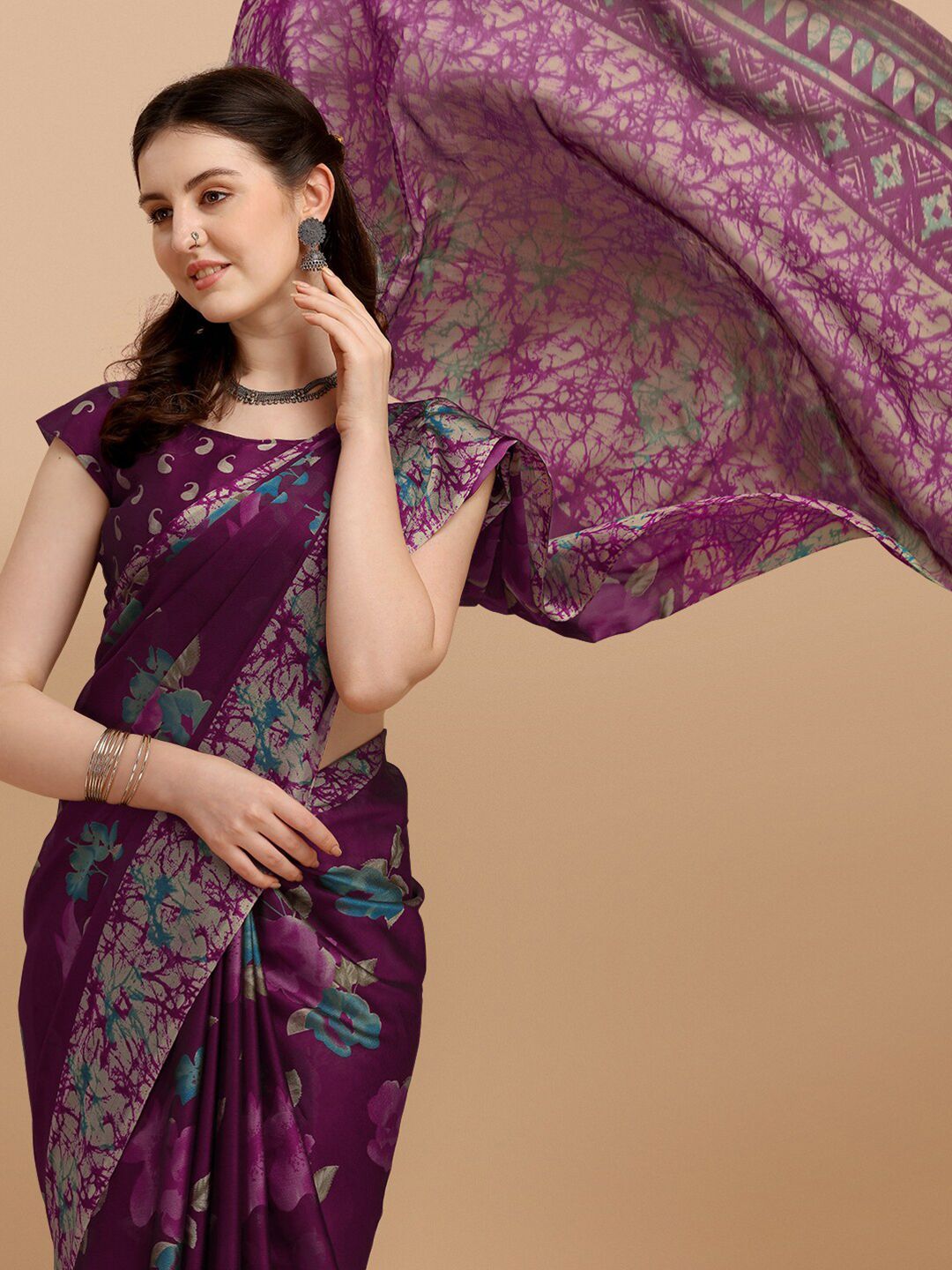 KALINI Purple & Blue Floral Printed Saree