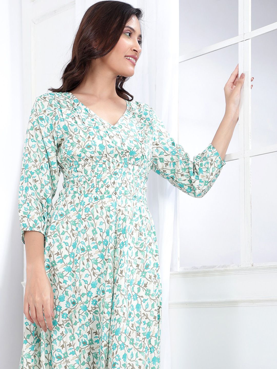 Bani Women Floral Printed V-Neck Smocked A-Line Midi Dress