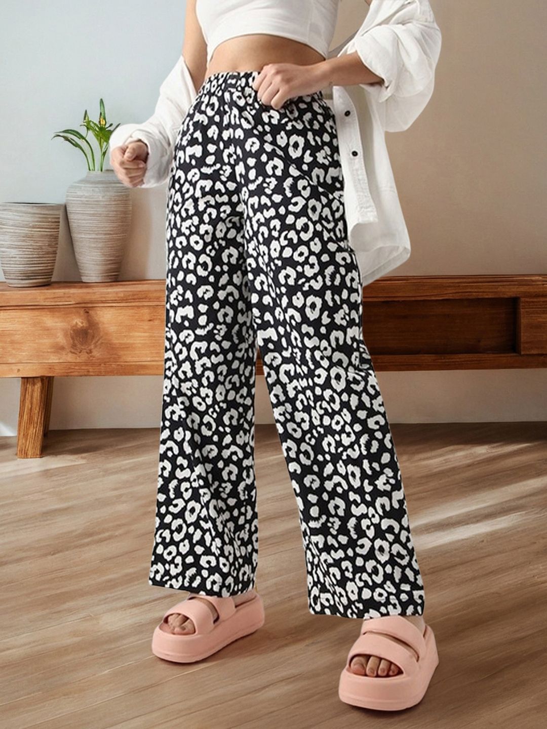 Bewakoof Women Black All Over Printed Wide Leg Pyjamas