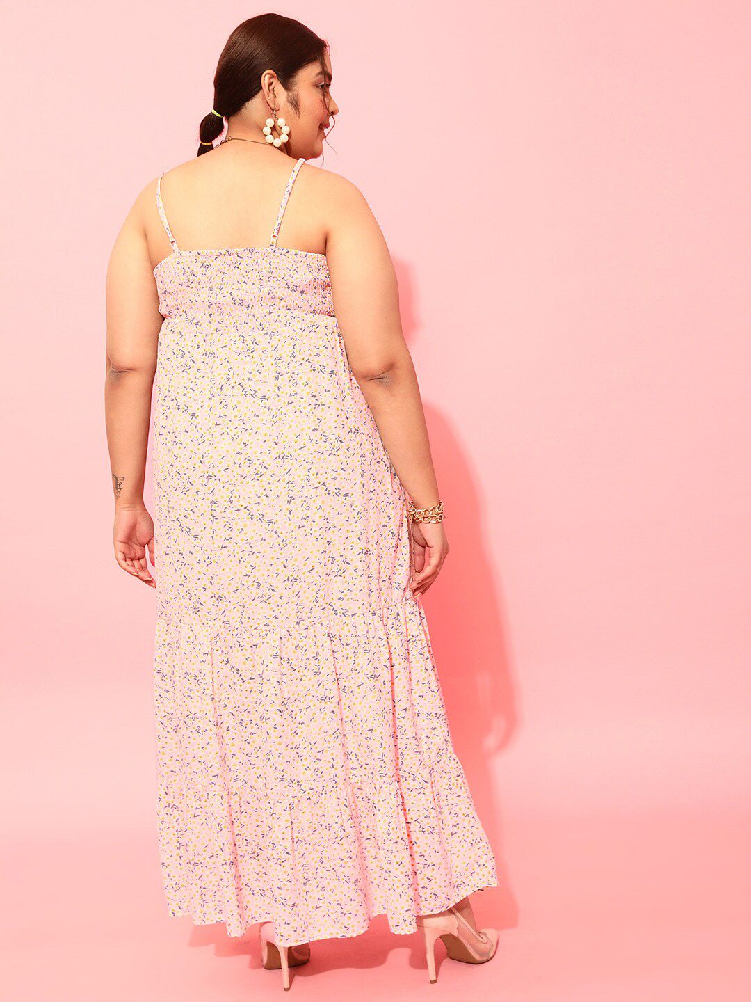 CURVY STREET Plus Size Peach-Coloured & White Floral Printed Shoulder Straps A-Line Dress