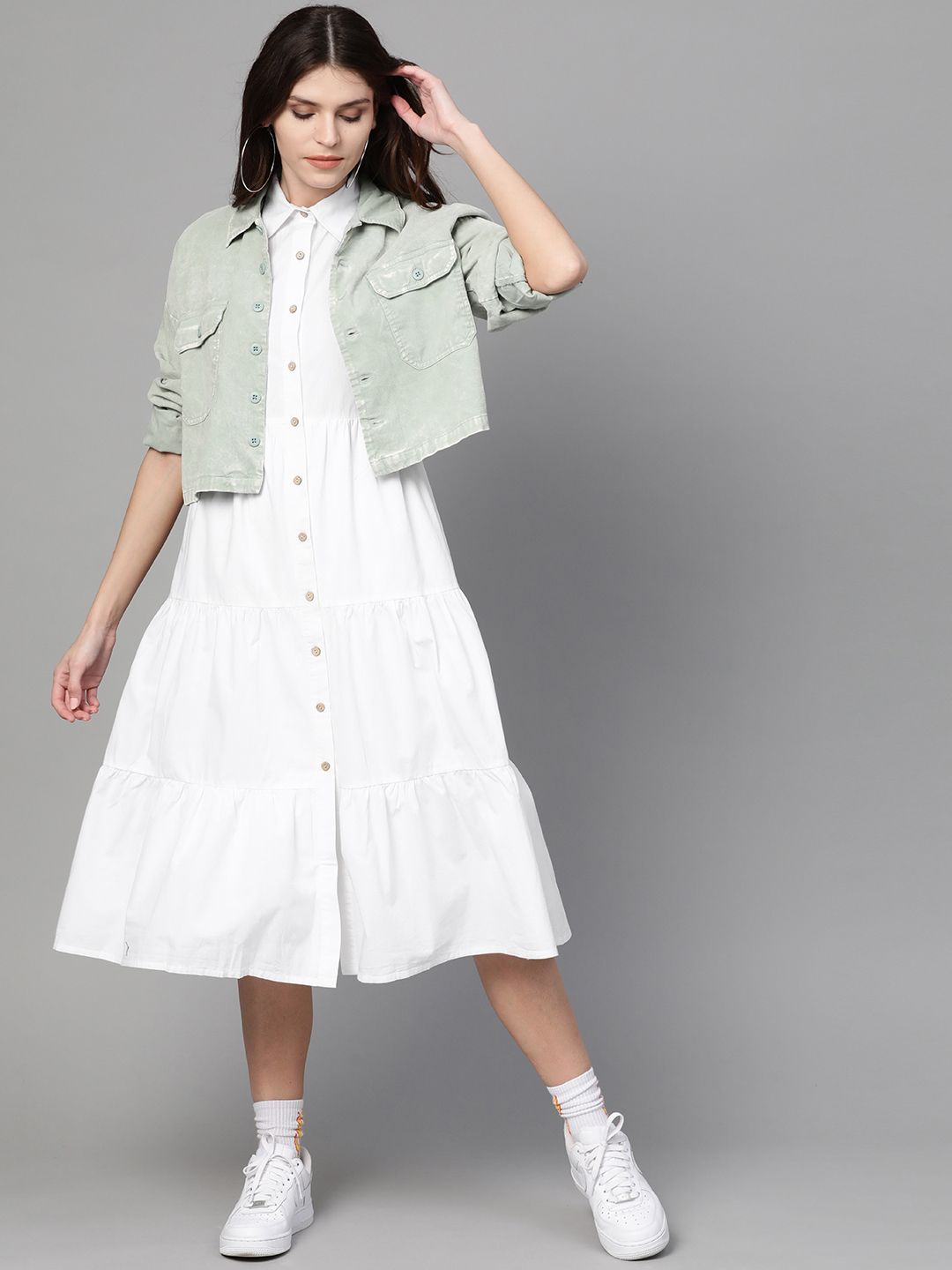 SASSAFRAS White Tiered Cotton Shirt Dress