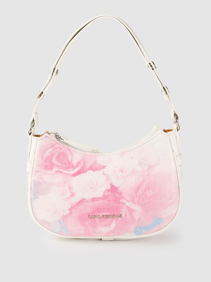 Lino Perros Women Off-White & Pink Floral Printed Croc Textured Structured Baguette Bag