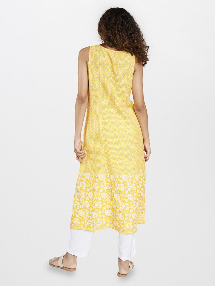 Global Desi Women Yellow & White Chevron & Floral Print  Sleeveless Kurta