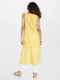 Global Desi Women Yellow & White Chevron & Floral Print  Sleeveless Kurta