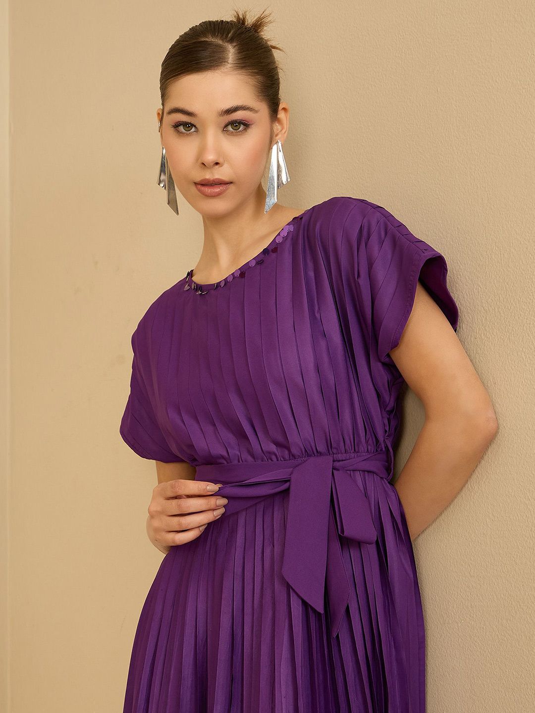 Antheaa Women Pleated Fit & Flare Midi Dress With Belt