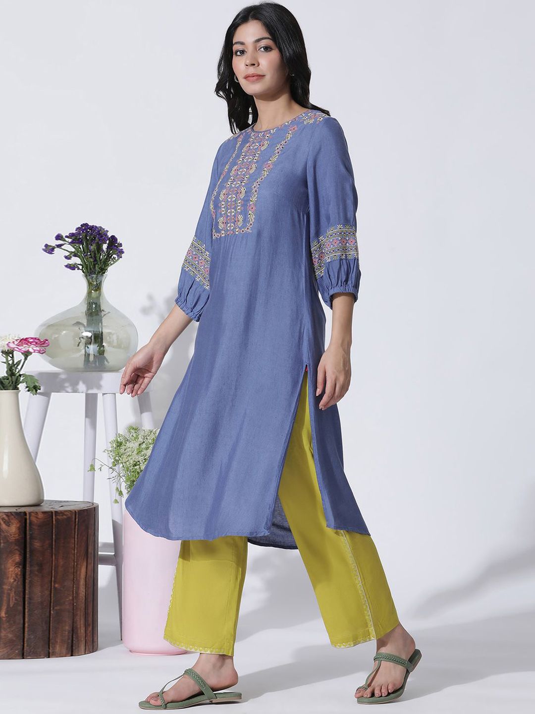 W Floral Embroidered Straight Kurta with Palazzos