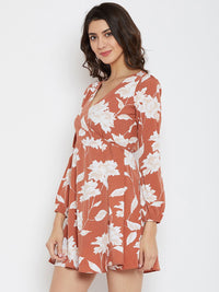 Berrylush Women Brown Floral Printed Wrap Dress