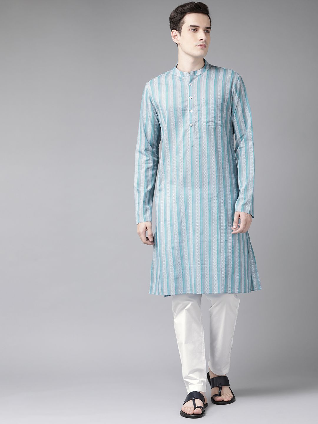 See Designs Men Blue Striped Pure Cotton Kurta with Trousers