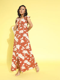 Berrylush Brown Floral Romantic Wrap Dress