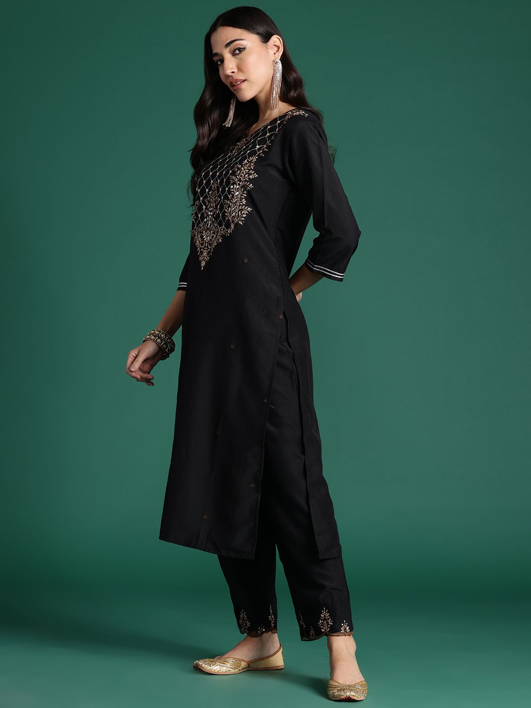 Indo Era Ethnic Motifs Embroidered Zari Liva Kurta with Trousers & With Dupatta