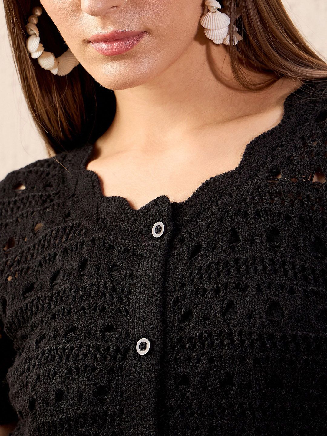 SASSAFRAS Self Design Round Neck Crochet Shirt Style Top