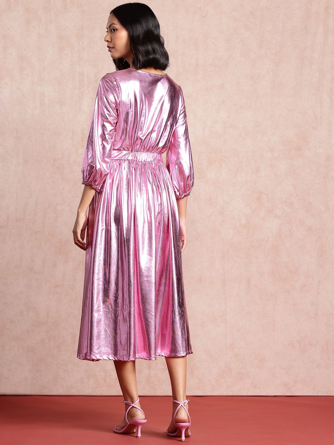 all about you Sheen Puff Sleeve Fit & Flare Midi Dress