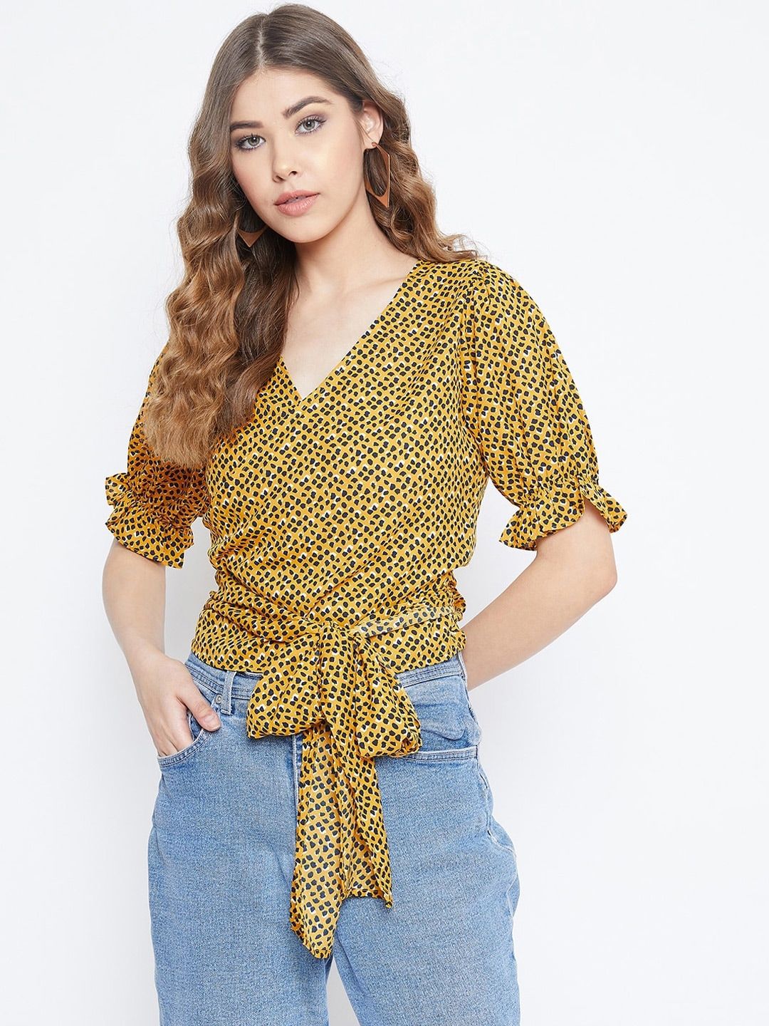 Berrylush Women Yellow Printed Wrap Top