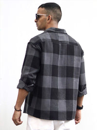 Powerlook Black India Slim Oversized Buffalo Checks Opaque Pure Cotton Casual Shacket