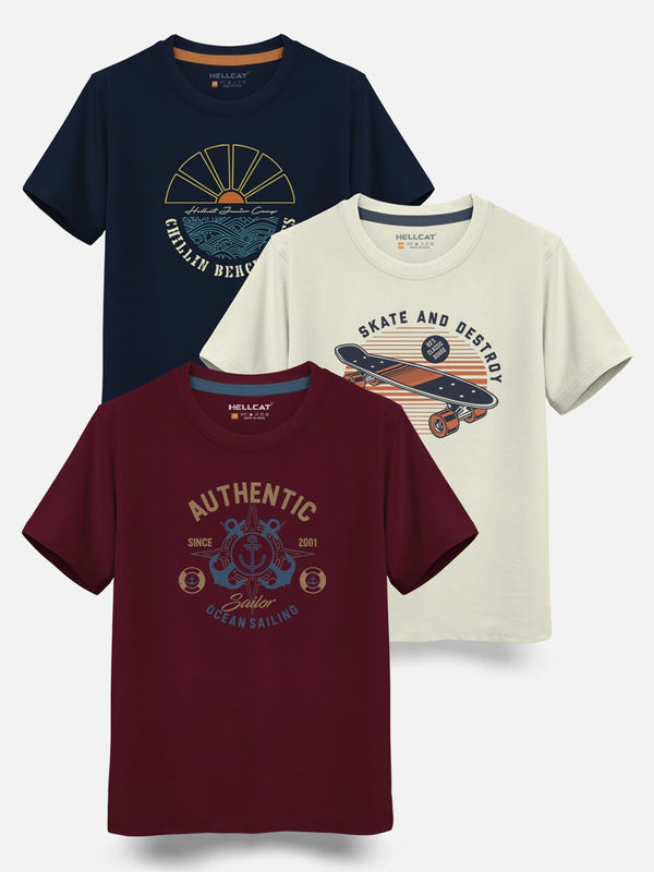 HELLCAT Boys Pack Of 3 Printed Cotton T-shirt