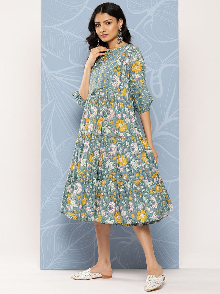 Libas Blue & Yellow Floral Print Tie-Up Neck Puff Sleeve Fit & Flare Midi Dress