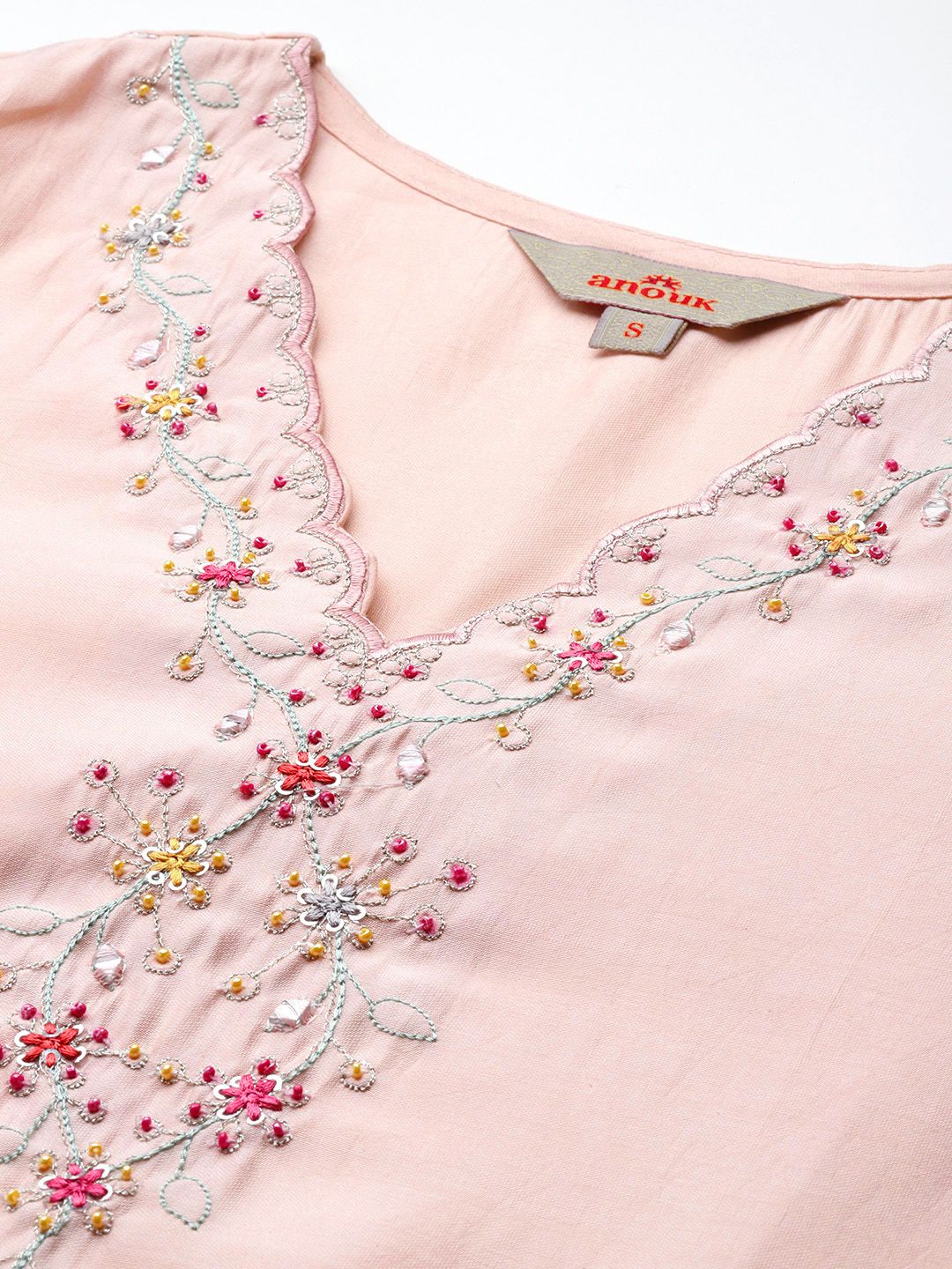 Anouk Floral Embroidered V-Neck Beads & Stones Studded Straight Kurta