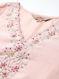 Anouk Floral Embroidered V-Neck Beads & Stones Studded Straight Kurta