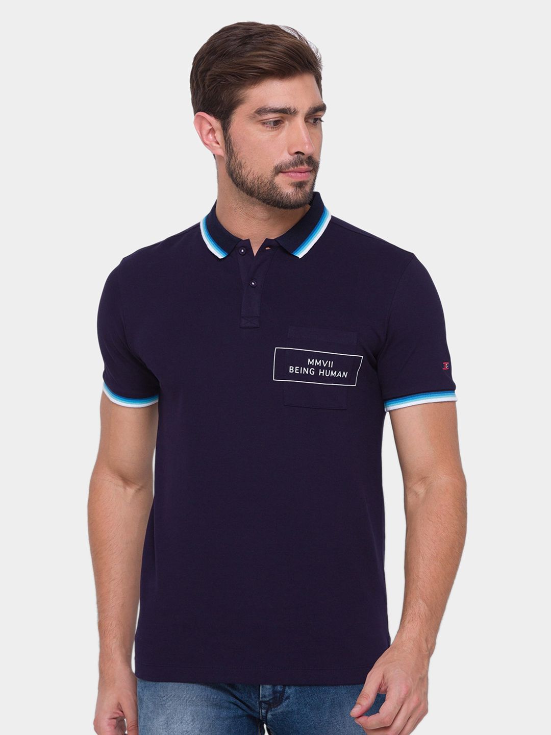 Being Human Men Navy Blue Solid Polo Collar T-shirt