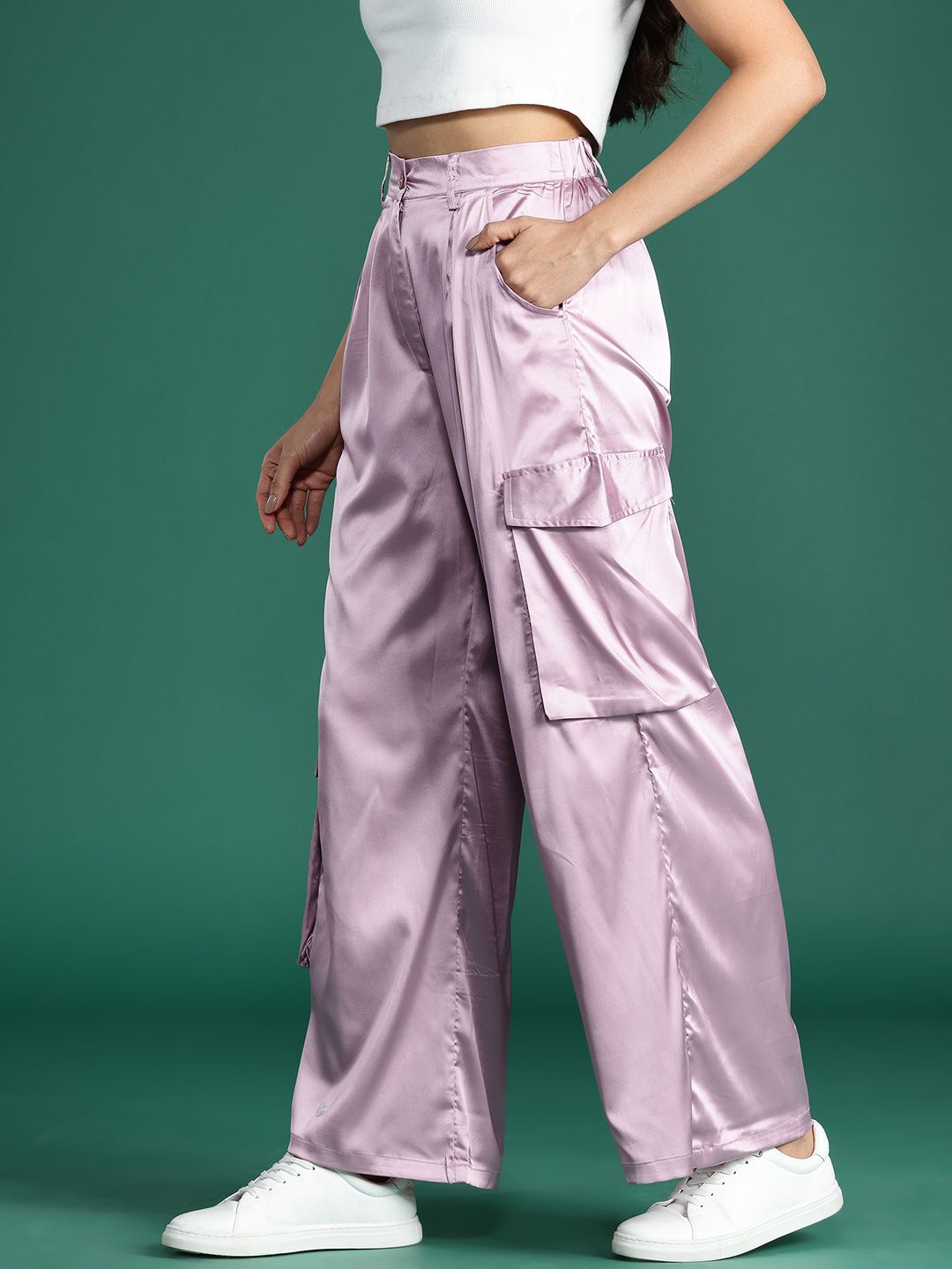 DressBerry Women Satin Finish Cargo Style Pleated Trousers