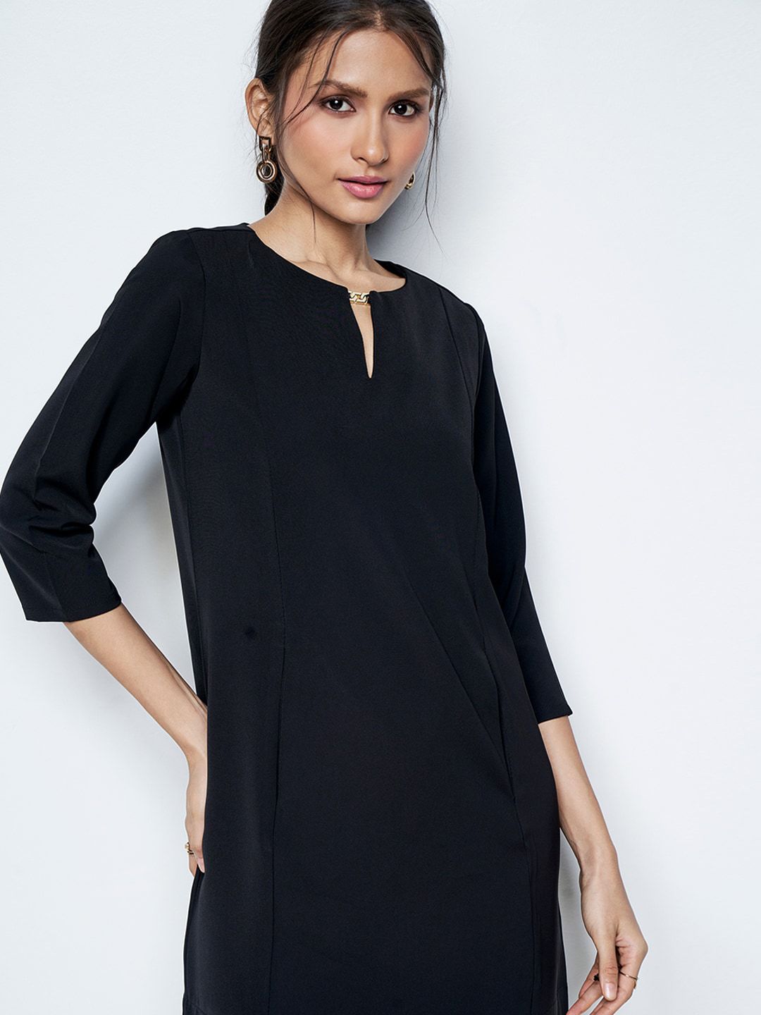 AND A-Line Key Hole Neck Three-Quarter Sleeves Dress
