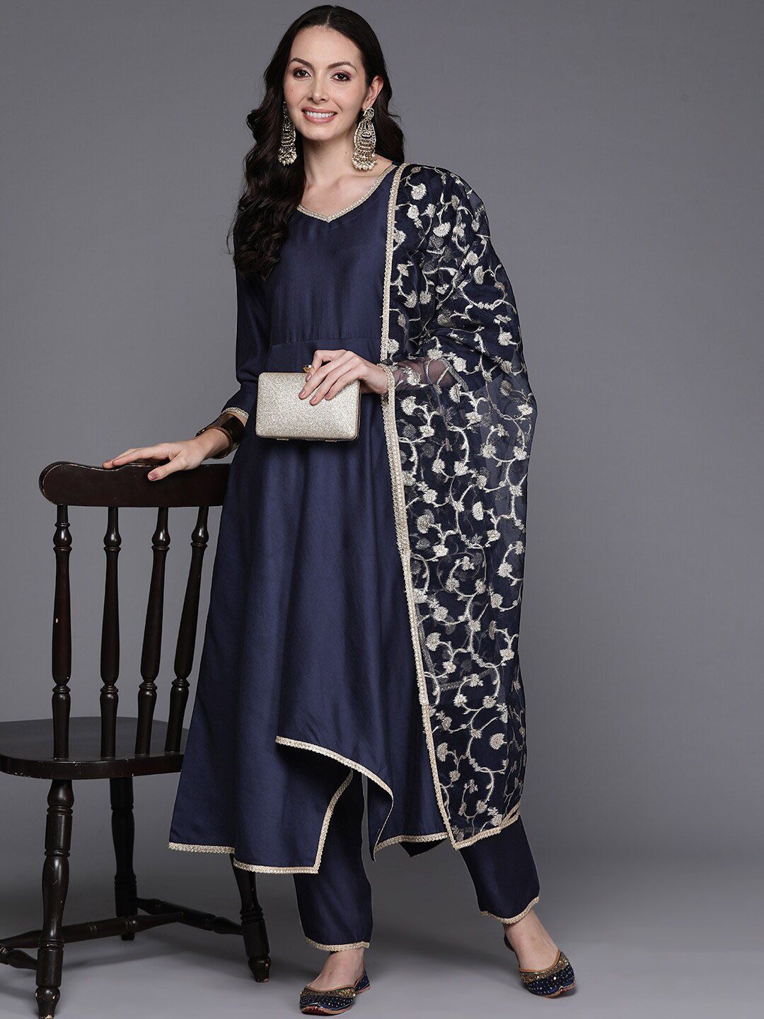 Indo Era Navy Blue Empire V-Neck Sequinned Kurta With Trousers & Dupatta