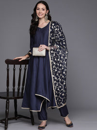 Indo Era Navy Blue Empire V-Neck Sequinned Kurta With Trousers & Dupatta