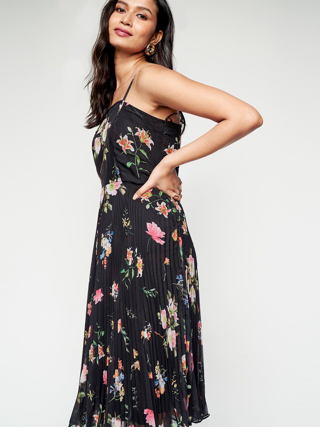 AND Floral Printed Accordion Pleated Detailed Fit & Flare Dress