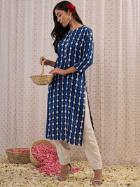 Indo Era Floral Printed Round Neck Three-Quarter Sleeves Straight Kurta