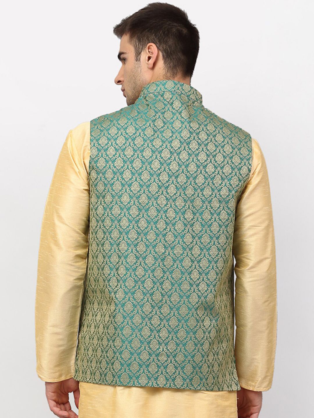 Jompers Men Green & Gold-Coloured Woven-Design Nehru Jacket