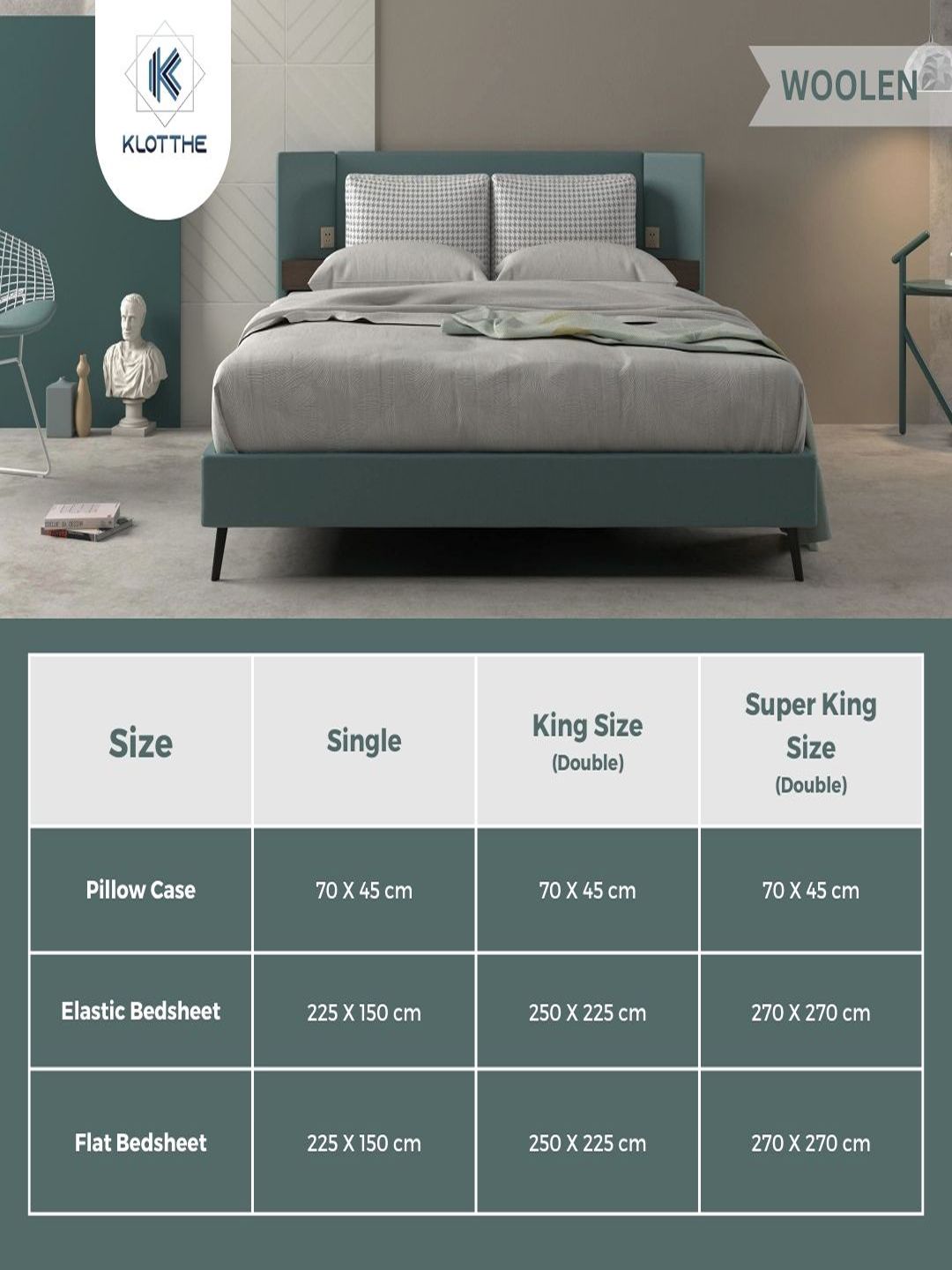 KLOTTHE Blue Woollen 300TC Fitted Single Bedsheet With Pillow Cover