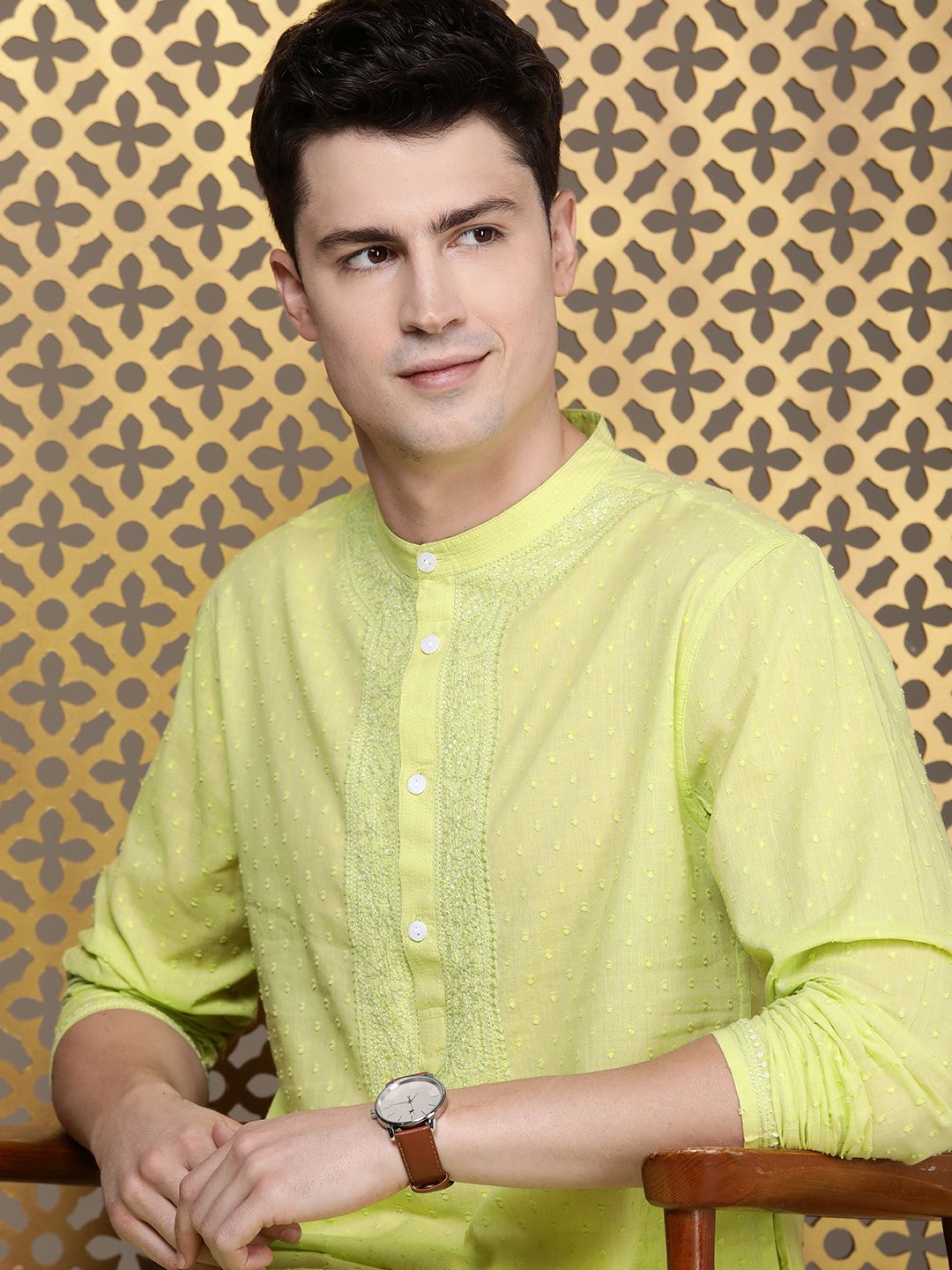 House of Pataudi Men Jashn Pure Cotton Yoke Design Thread Work Dobby Kurta