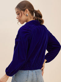 Antheaa Blue Lapel Collar Long Sleeves Velvet Bomber Jacket