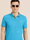 Being Human Men Blue Polo Collar Indigo Pure Cotton Slim Fit T-shirt With Brand Logo Print