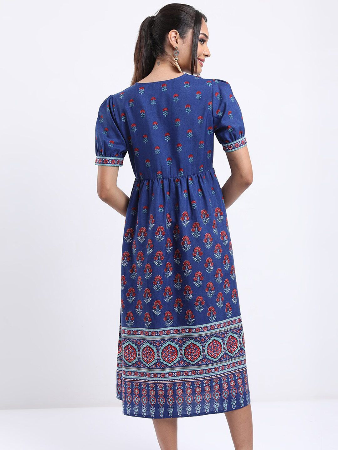 Vishudh Blue Ethnic Motifs Printed Midi Wrap Dress