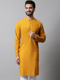 Jompers Men Mustard Yellow Embroidered Pure Cotton Kurta