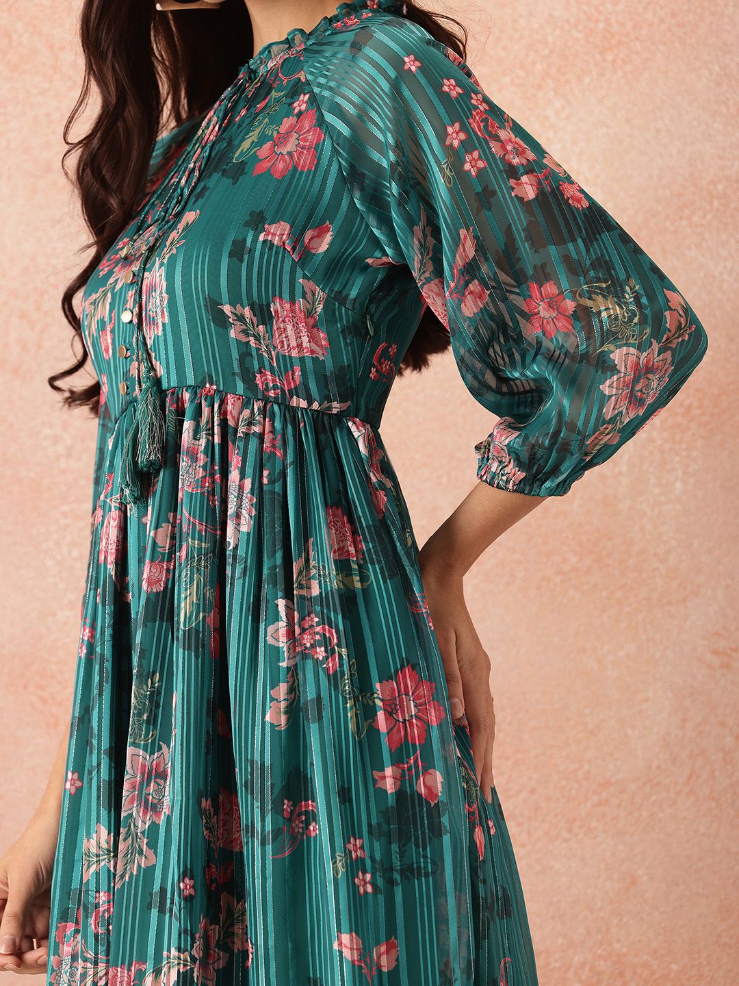 all about you Floral Print Tie-Up Neck Puff Sleeve Fit & Flare Midi Dress